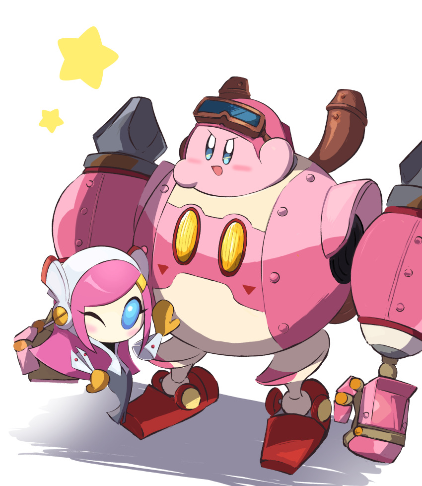 1girl 1other absurdres blue_eyes helmet highres kirby kirby:_planet_robobot kirby_(series) mecha pink_hair robobot_armor susie_(kirby) tsuki0425