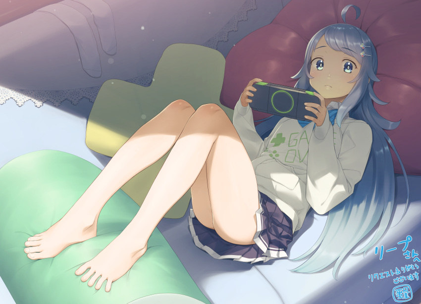 1girl absurdres ahoge ass bangs bare_legs barefoot blue_eyes blue_hair blue_necktie blush commission couch feet gahaku game_console hair_ornament hairclip handheld_game_console highres holding legs legwear_removed long_hair long_sleeves looking_at_viewer lying miniskirt mixed-language_commentary necktie on_back original pillow playstation_portable pleated_skirt second-party_source shadow shiny shiny_hair sidelocks skeb_commission skirt sleeves_past_wrists solo spread_toes sweater swept_bangs thighs toes translation_request