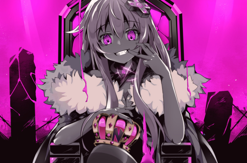 1girl blood conquest_end crazy_eyes crown d-pad d-pad_hair_ornament evil_smile fur_trim giga-tera hair_ornament king_(vocaloid) long_hair nepgear neptune_(series) pink_blood pink_eyes purple_eyes sitting smile solo vocaloid
