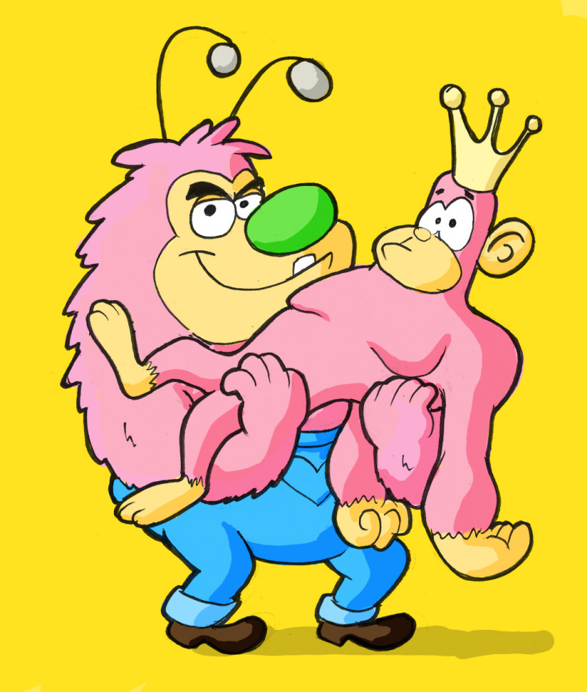 ape cartoon_network clothing crown duo fur gorilla haplorhine hi_res johnny_bravo_(series) king_raymond male mammal nude pink_body pink_fur powerpuff_girls primate simple_background smile utoonoddity28 yellow_background