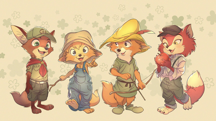 "honest"_john_foulfellow 2022 3_toes 4_fingers anthro apple barefoot bow_(weapon) br'er_fox canid canine clothed clothing crossover disney feet fingers footwear fox fur green_eyes group hat headgear headwear hi_res male mammal nick_wilde pinocchio ranged_weapon robin_hood robin_hood_(disney) simple_background song_of_the_south toes uochandayo weapon yellow_eyes young zootopia