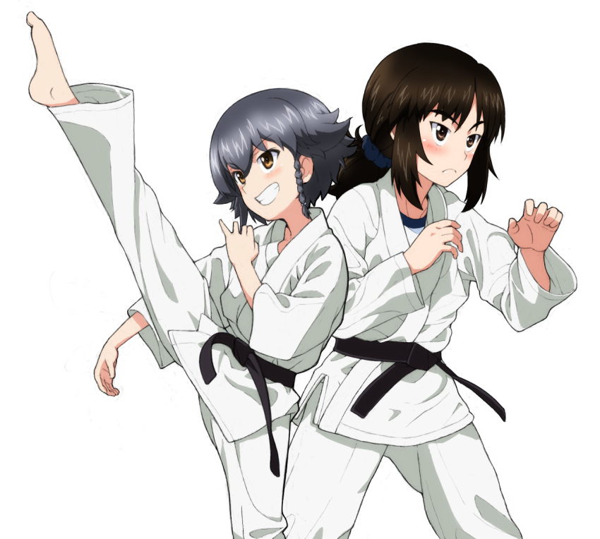 barefoot belt black_belt black_hair blush braid brown_eyes closed_mouth dougi eyebrows_visible_through_hair girls_und_panzer grin hair_ornament hair_scrunchie kayabakoro kicking martial_arts medium_hair murakami_(girls_und_panzer) pepperoni_(girls_und_panzer) ponytail scrunchie shiny shiny_hair short_hair simple_background smile white_background yellow_eyes