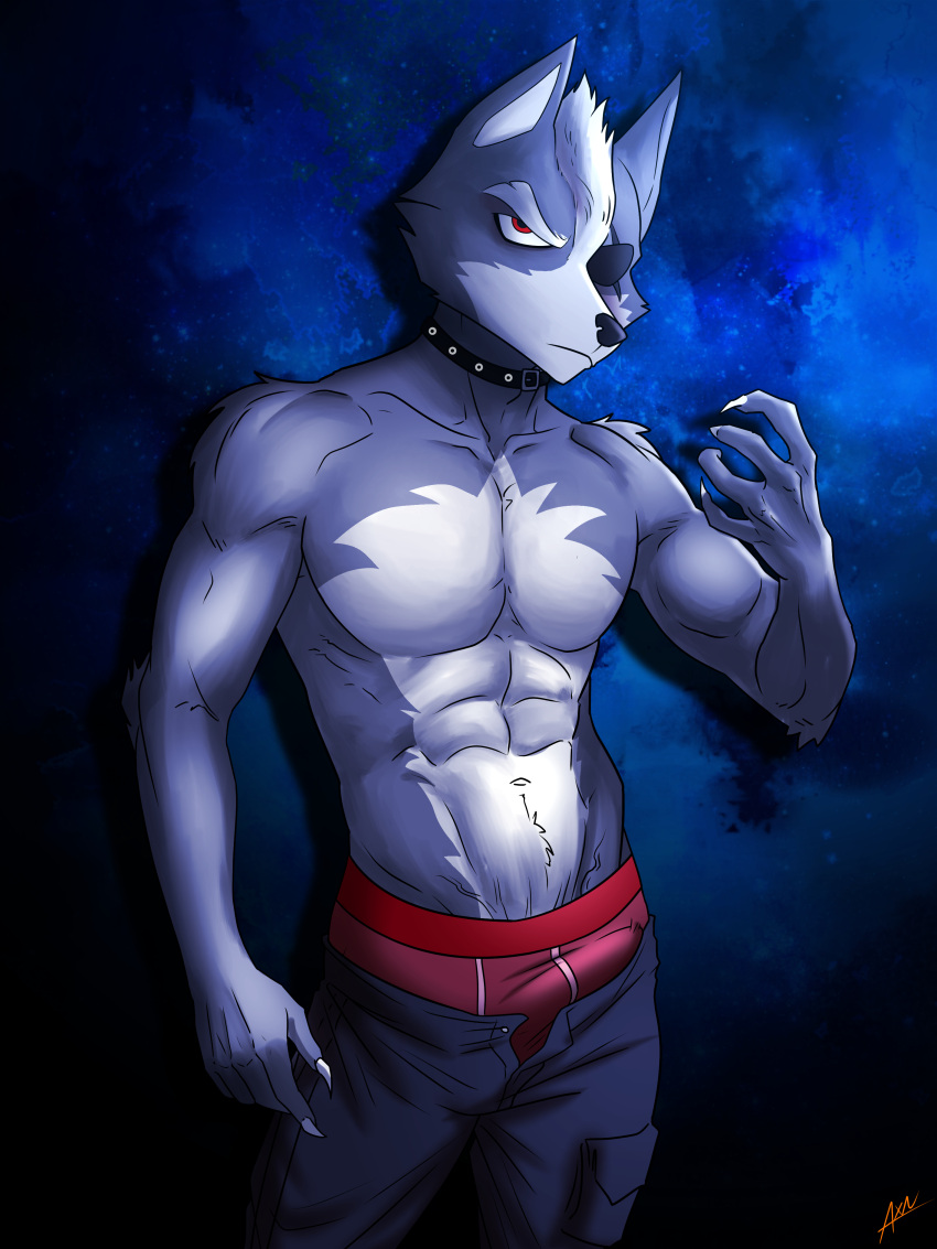 absurd_res anthro axxxonn bottomwear bulge canid canine canis claws clothed clothing eye_patch eyewear fur grey_body grey_fur hi_res jewelry male mammal mohawk muscular necklace nintendo open_bottomwear open_clothing pants red_eyes solo star_fox underwear video_games wolf wolf_o'donnell