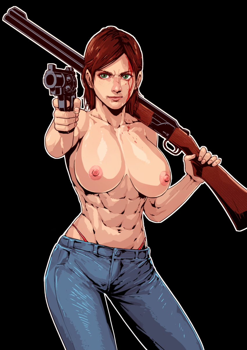 1girl abs absurdres alternate_breast_size areolae black_background blood blood_on_face blue_pants breasts brown_hair cirenk cleavage collarbone commission covered_nipples dark_background denim dual_wielding ellie_(the_last_of_us) english_commentary finger_on_trigger fingernails green_eyes gun handgun highleg highleg_panties highres holding holding_gun holding_weapon injury jeans large_breasts lips medium_hair midriff navel nipples no_shirt nose older outline over_shoulder panties pants pistol red_panties revolver second-party_source shotgun solo the_last_of_us the_last_of_us_2 topless underwear weapon weapon_over_shoulder white_outline