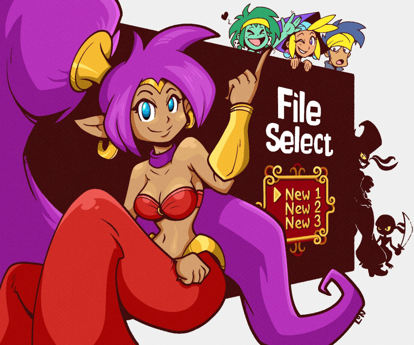 2021 accessory bolo_(shantae) breasts brown_body brown_skin clothing ear_piercing ear_ring english_text female fingers genie green_hair group hair headband hi_res holding_object holding_sword holding_weapon human humanoid humanoid_pointy_ears legendofnerd male mammal melee_weapon not_furry open_mouth piercing ponytail purple_hair risky_boots rottytops shantae shantae_(series) signature silhouette sky_(shantae) smile sword text tinkerbat video_games wayforward weapon