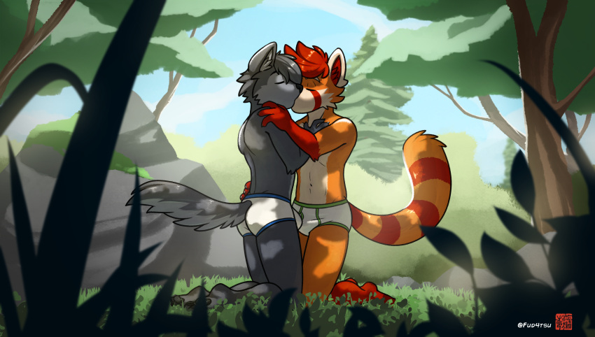 4_fingers ailurid anthro briefs canid canine canis clothed clothing duo eyes_closed fingers forest fur grey_body grey_fur grey_hair hair hand_on_chest hand_on_hip hand_on_shoulder hi_res kissing kneeling male male/male mammal markings orange_body orange_fur partially_clothed plant red_body red_fur red_hair red_panda seb_the_red_panda signature striped_markings striped_tail stripes sweaciabic tail_markings tan_body tan_fur tree underwear underwear_only underwear_sex wolf zach_the_wolf