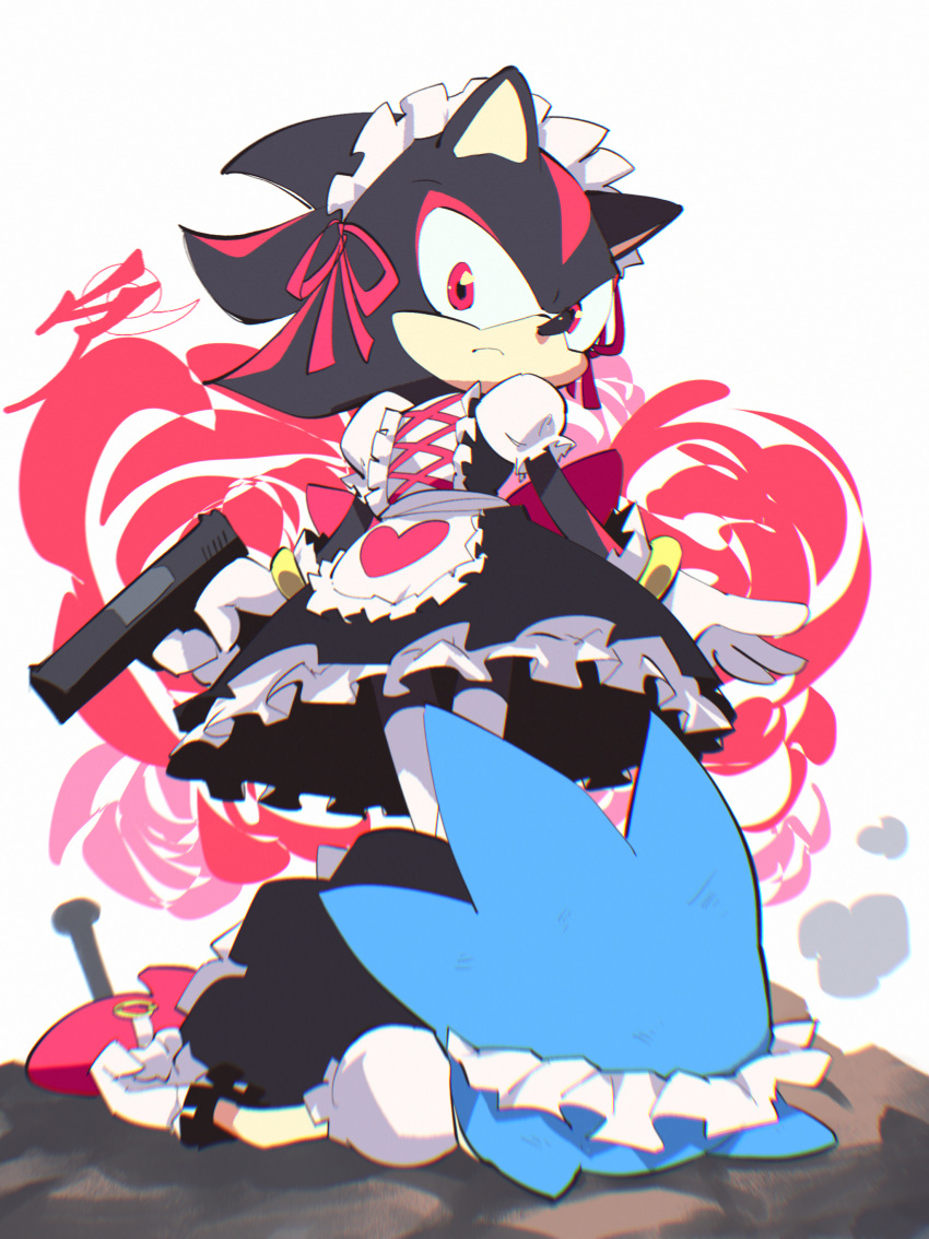 2boys absurdres aetherion alternate_costume apron black_dress dress enmaided frown full_body furry furry_male gun handgun highres holding holding_gun holding_weapon maid maid_headdress multiple_boys puffy_short_sleeves puffy_sleeves red_eyes red_footwear shadow_the_hedgehog short_sleeves sonic_(series) sonic_the_hedgehog thighhighs weapon white_background white_legwear