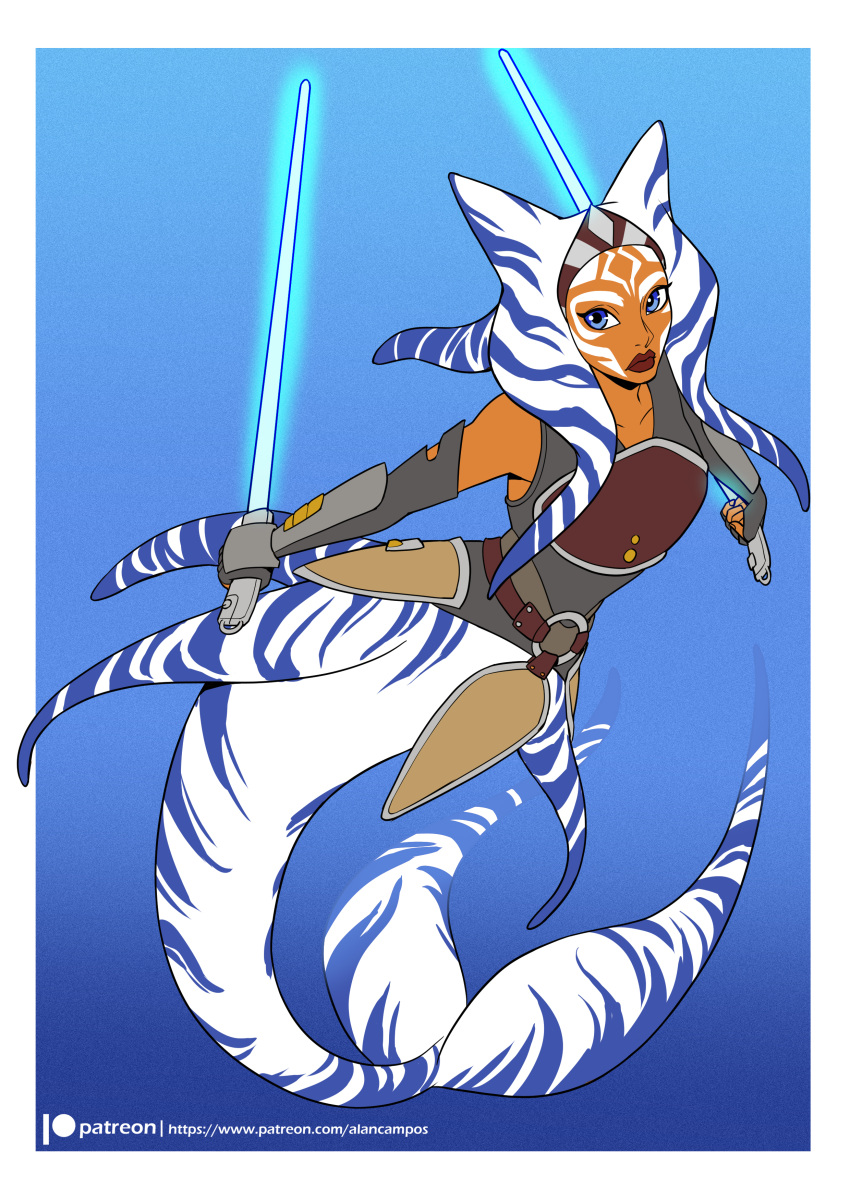 2022 absurd_res ahsoka_tano alanscampos blue_eyes clothing dual_wielding eyelashes female head_tails hi_res holding_object holding_weapon lekku_(anatomy) lightsaber looking_at_viewer marine melee_weapon merfolk orange_body orange_skin solo split_form star_wars weapon