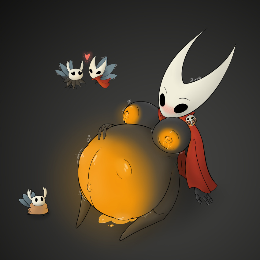 &lt;3 arthropod belly belly_bump belly_expansion big_belly big_breasts blush bodily_fluids breast_expansion breasts cape charm clothing expansion female glowing glowing_nipples hand_on_stomach hi_res hollow_knight hornet_(hollow_knight) huge_breasts hyper hyper_belly hyper_pregnancy lactating motion_lines navel nipples offspring pregnant pregnant_female puffy_nipples short_stack solo stamin-up team_cherry unusual_bodily_fluids unusual_lactation video_games