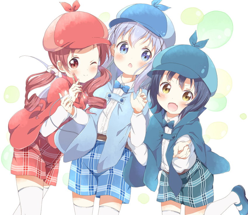 3girls alternate_costume bangs blue_eyes blue_hair blush bow bowtie brown_eyes chimame-tai commentary_request deerstalker detective fang girl_sandwich gochuumon_wa_usagi_desu_ka? grey_hair hair_ornament hat jouga_maya kafuu_chino looking_at_viewer multiple_girls natsu_megumi one_eye_closed open_mouth pen pointing pointing_at_viewer red_eyes red_hair sandwiched shorts thighhighs toma_(shinozaki) trench_coat twintails white_background white_legwear x_hair_ornament