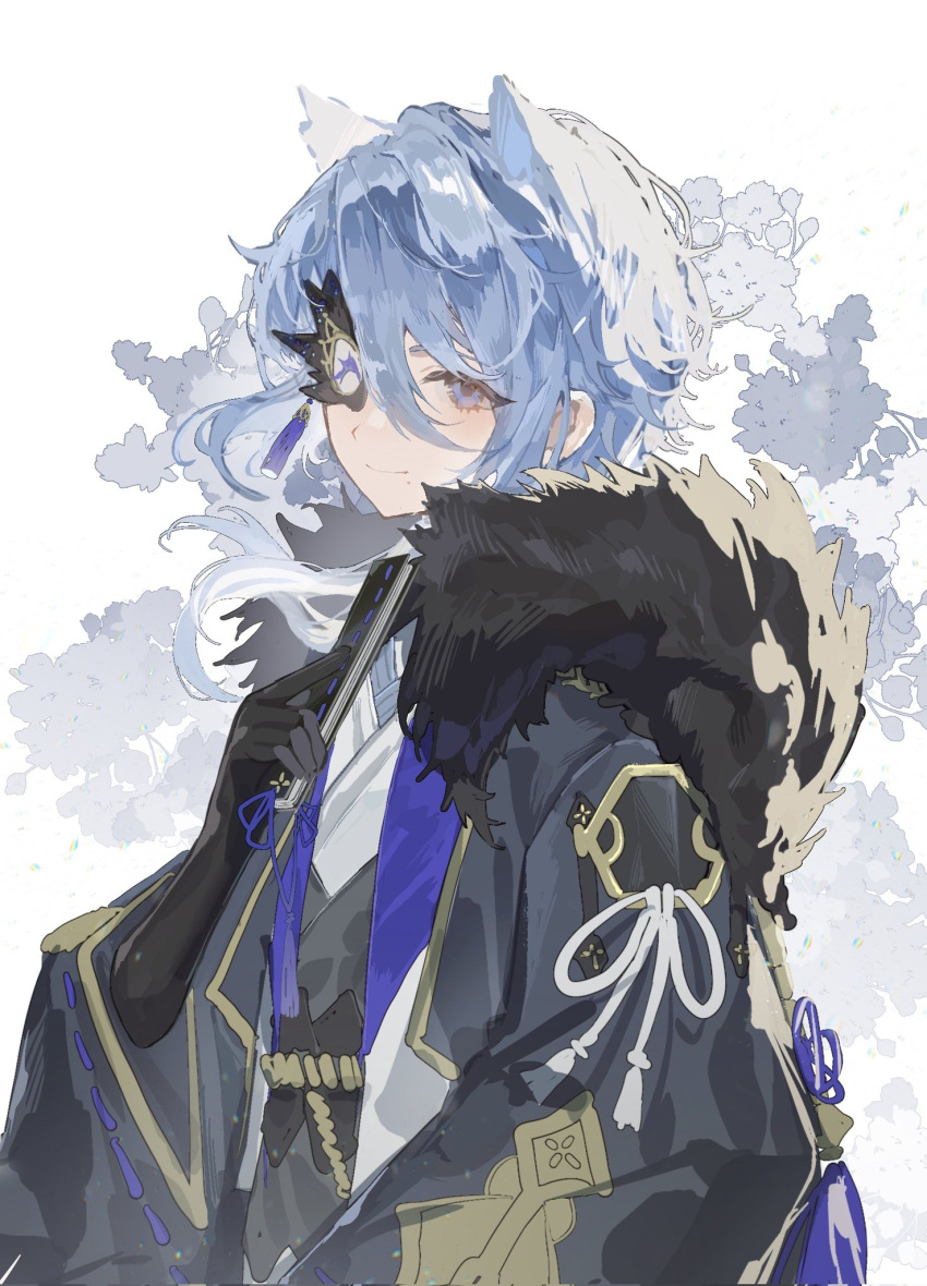 1boy alternate_costume animal_ears bangs black_mask blue_eyes blue_hair blush closed_fan folding_fan fur_trim genshin_impact hand_fan highres holding holding_fan japanese_clothes kamisato_ayato looking_at_viewer male_focus mask mask_over_one_eye mole mole_under_mouth persimmon_(lsxh3) ribbon-trimmed_sleeves ribbon_trim simple_background solo upper_body wide_sleeves