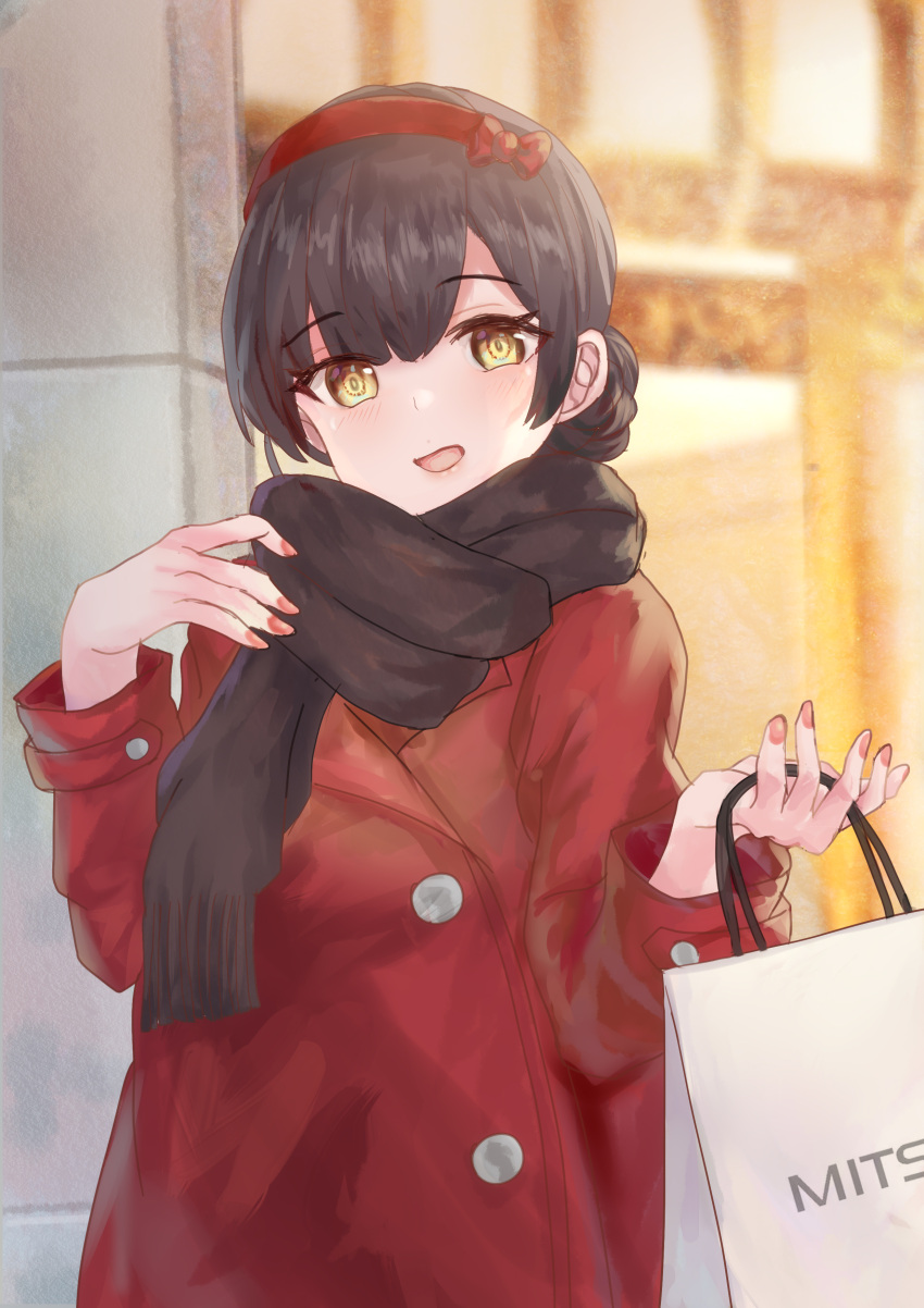 1girl :d absurdres bag black_hair brown_eyes brown_scarf coat commentary double_bun eyebrows_visible_through_hair highres kantai_collection long_hair looking_at_viewer mitsukoshi_(department_store) om10 red_coat scarf shopping_bag smile solo un'you_(kancolle) upper_body yawata_maru_(kancolle)
