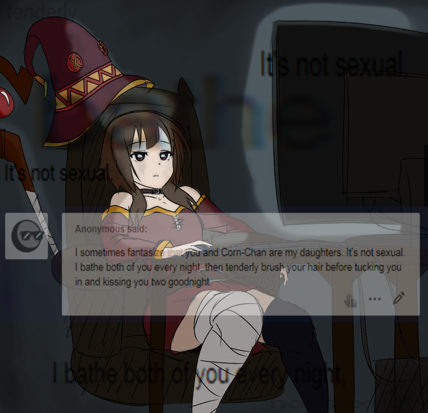 1girl anonymous artist_request bandaged_leg bandages brown_hair choker colorized dark dress english_text expressionless eye_reflection feet_out_of_frame hat imagine_(meme) indoors keyboard_(computer) kono_subarashii_sekai_ni_shukufuku_wo! megumin meme monitor mouse_(computer) red_dress red_eyes reflection short_hair_with_long_locks single_thighhigh sitting solo staff sunglasses thighhighs tumblr witch_hat