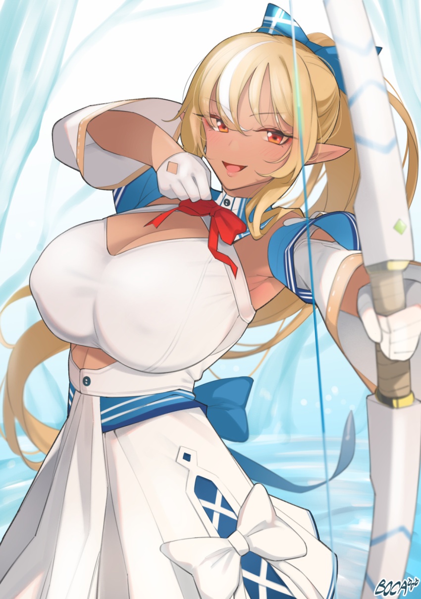 1girl blonde_hair boca bow bow_(weapon) bowtie breasts cleavage covered_nipples dark-skinned_female dark_elf dark_skin detached_sleeves elf gloves highres holding holding_bow_(weapon) holding_weapon hololive large_breasts long_hair orange_eyes pointy_ears ponytail shiranui_flare solo virtual_youtuber weapon white_gloves
