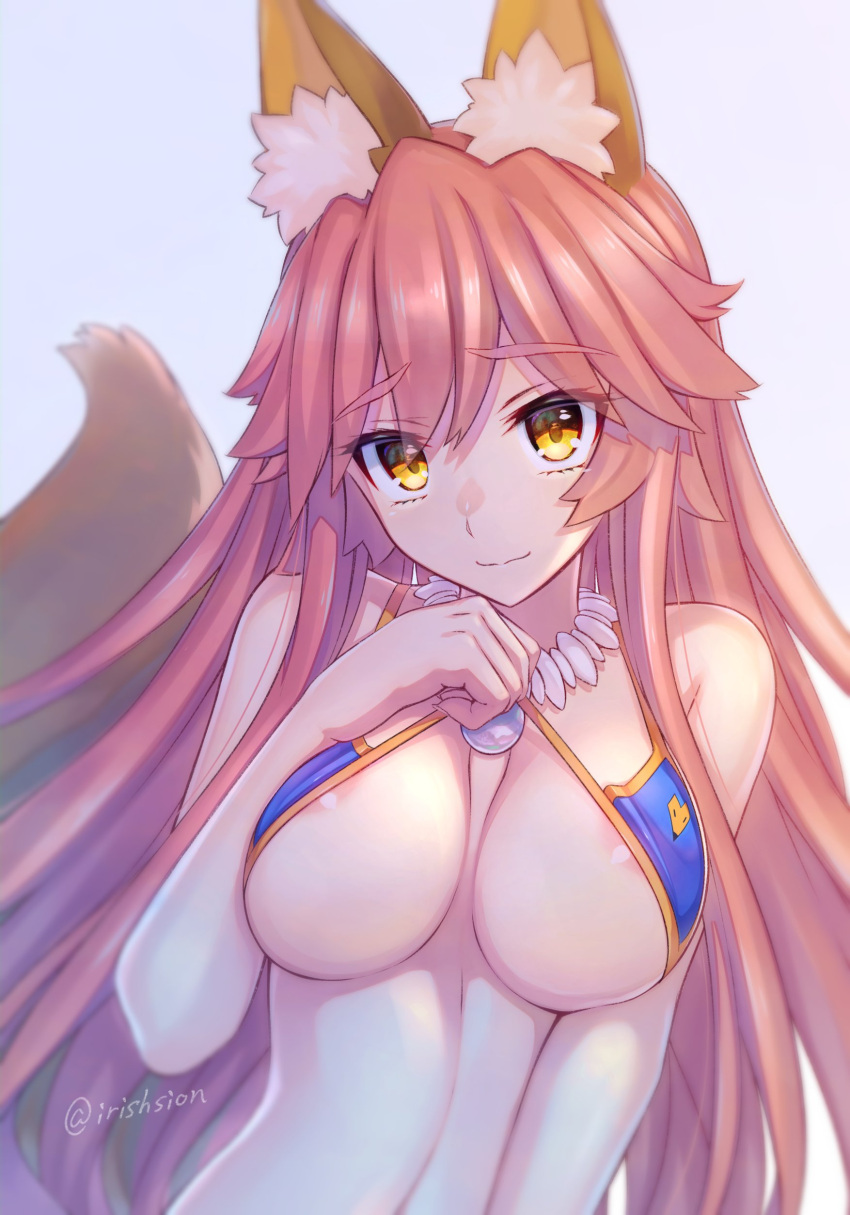 1girl absurdres animal_ear_fluff animal_ears areola_slip areolae bikini blue_bikini blush breasts commentary_request fate/grand_order fate_(series) fox_ears fox_girl highres jewelry large_breasts lifted_by_self light_smile long_hair looking_at_viewer murasame_shia necklace pink_hair solo swimsuit tail tamamo_(fate) tamamo_no_mae_(swimsuit_lancer)_(fate) very_long_hair yellow_eyes