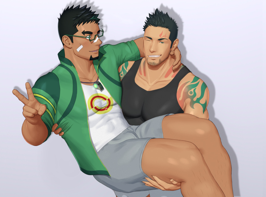 2boys arm_tattoo bandaid bandaid_on_cheek bandaid_on_face bandaid_on_nose bara black_hair black_tank_top blush carrying dark-skinned_male dark_skin facial_hair facial_mark glasses green_hair green_jacket grey_shorts gyee high_collar jacket jashin_doruton kyoichi_(live_a_hero) large_pectorals live_a_hero looking_at_another looking_at_viewer male_focus multicolored_hair multiple_boys muscular muscular_male one_eye_closed open_clothes open_jacket pectorals priapus priapus_a._tarou princess_carry shirt short_hair shorts sideburns smile streaked_hair tank_top tattoo teeth v whistle whistle_around_neck white_shirt yaoi