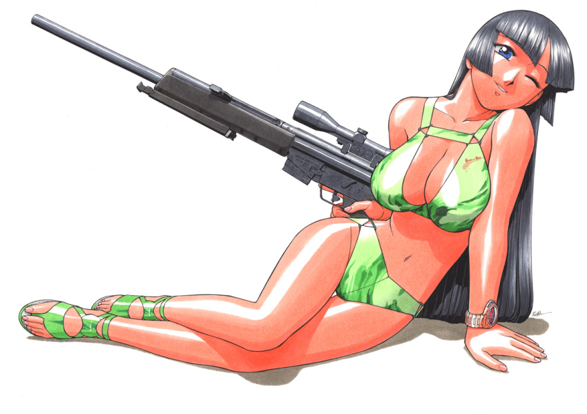 1girl barefoot_sandals bikini black_eyes black_hair bracelet breasts cleavage collarbone green_bikini gun head_tilt holding holding_gun holding_weapon houjin_exaxxion jewelry large_breasts long_hair minagata_isaka navel one_eye_closed parted_lips rifle shadow sitting sniper_rifle solo sonoda_ken'ichi swimsuit trigger_discipline weapon