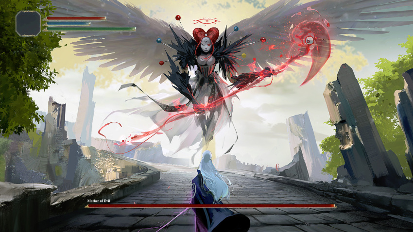 2girls boss bridge day elden_ring feathered_wings floating halo health_bar heart long_hair multiple_girls original outdoors red_hair ross_tran scythe sword weapon white_hair wings