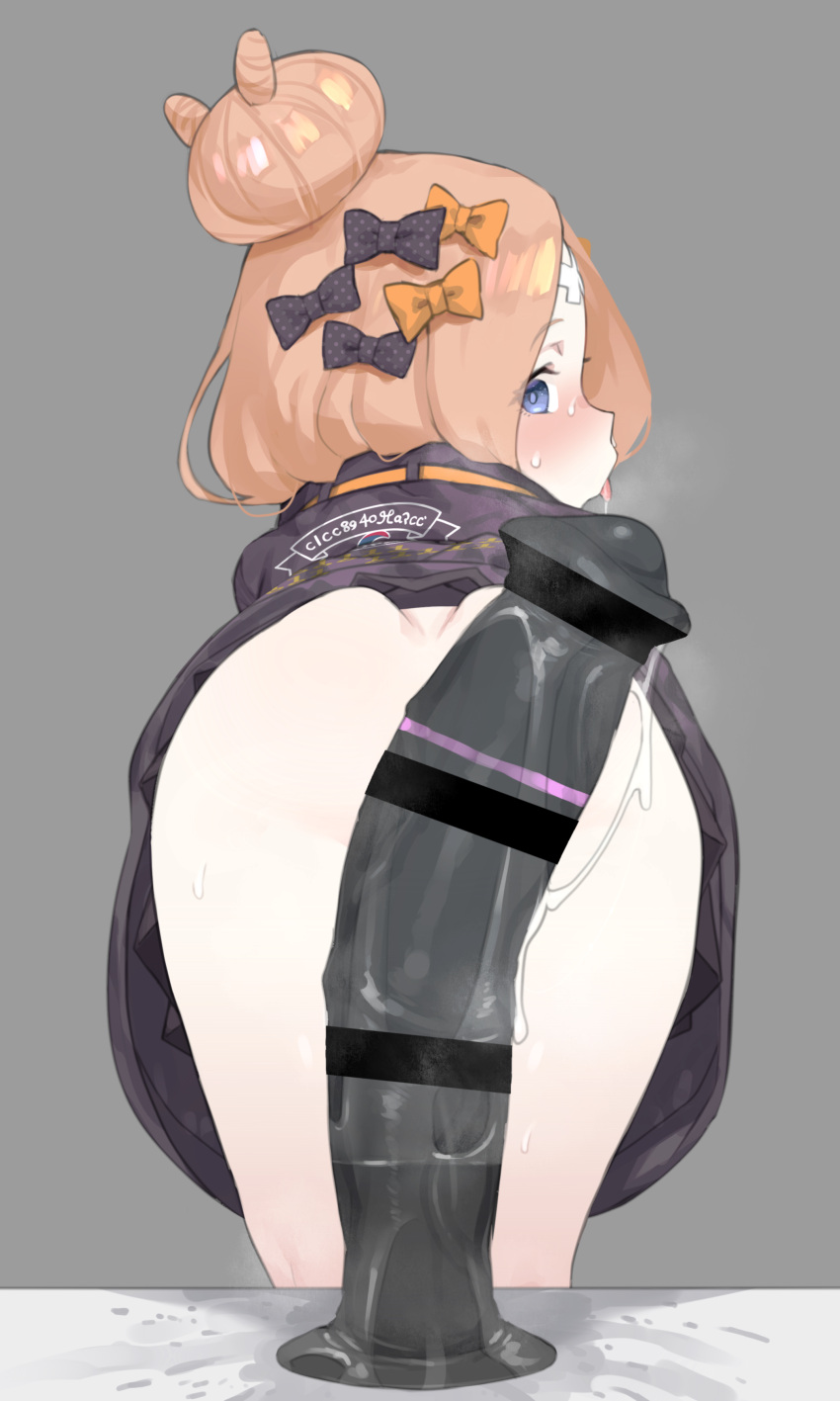 1girl abigail_williams_(fate) abigail_williams_(traveling_outfit)_(fate) absurdres after_anal ass bangs bar_censor black_bow black_jacket blonde_hair blue_eyes blush bottomless bow censored collagen dildo fate/grand_order fate_(series) from_behind gaping gradient gradient_background grey_background hair_bow hair_bun highres horse_dildo huge_dildo jacket long_hair long_sleeves looking_at_viewer looking_back open_mouth orange_bow parted_bangs polka_dot polka_dot_bow sex_toy sleeves_past_wrists solo sweat