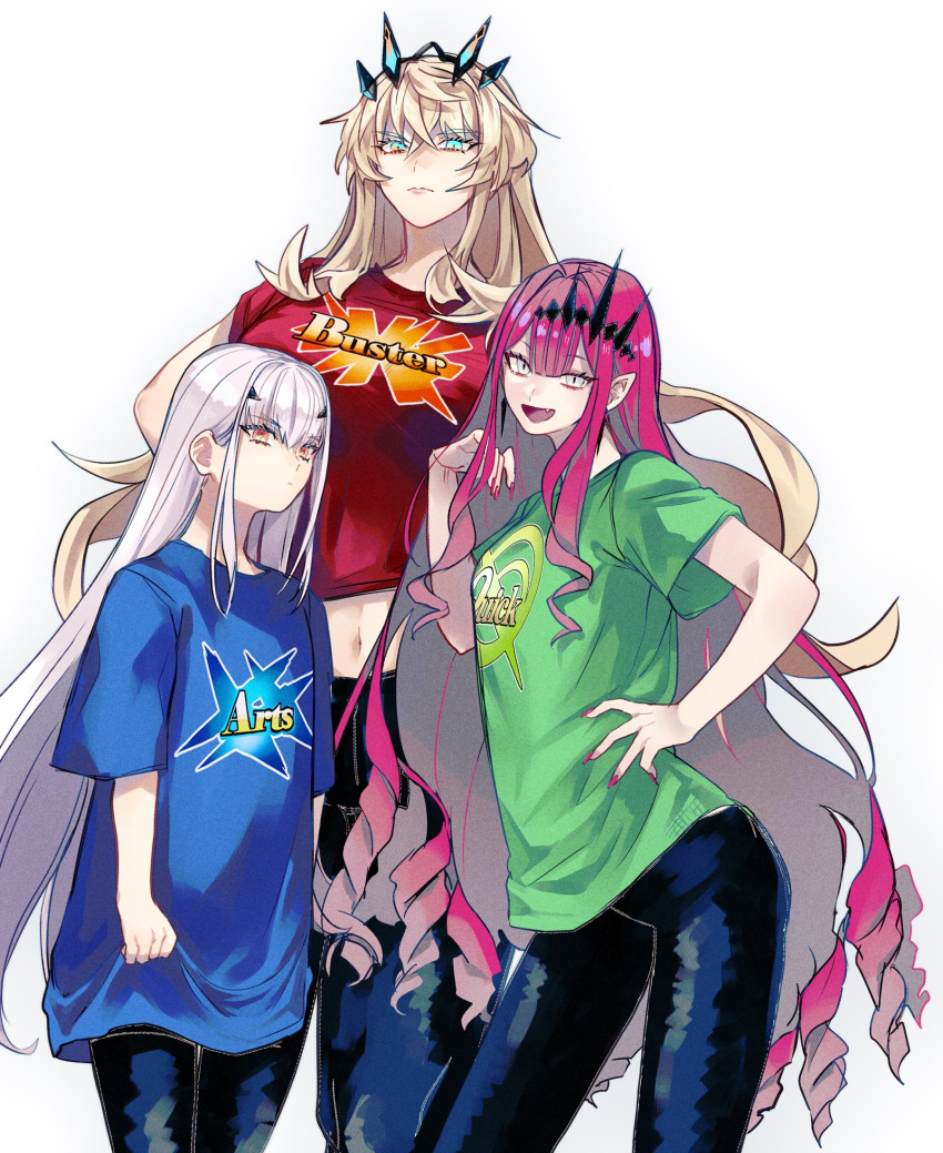 3girls arts_shirt blonde_hair blue_eyes buster_shirt fairy_knight_gawain_(fate) fairy_knight_lancelot_(fate) fairy_knight_tristan_(fate) fate/grand_order fate_(series) gradient_eyes heterochromia highres long_hair multicolored_eyes multiple_girls navel orange_eyes quick_shirt red_hair simple_background u_5ham0 white_background white_eyes white_hair yellow_eyes