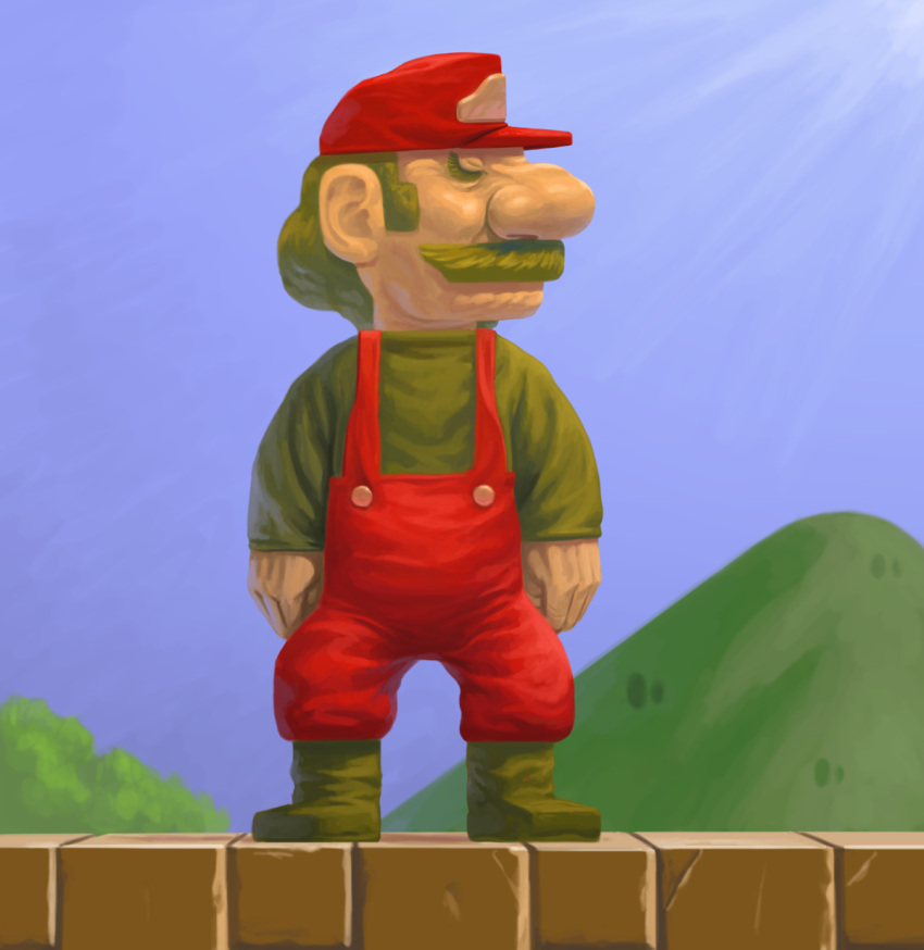 big_nose blue_sky closed_eyes facial_hair from_side green_hair highres mario mountain mustache red_headwear sakkan sky standing super_smash_bros.