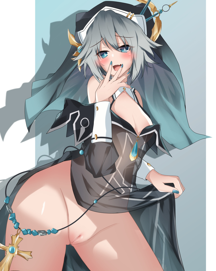 1girl :d absurdres areolae bare_shoulders black_dress blue_eyes blue_nails blush bottomless breasts censored cleavage cleavage_cutout clothes_lift clothing_aside clothing_cutout commentary_request cross date_a_live dress dress_aside dress_lift exhibitionism fang habit hand_to_own_mouth hand_up highres hip_focus honjou_nia leaning_forward lifted_by_self long_sleeves looking_at_viewer medium_hair nail_polish naughty_face navel no_bra no_panties nun off-shoulder_dress off_shoulder public_indecency pussy see-through see-through_dress self_exposure short_hair smile solo underboob yuki_kuro