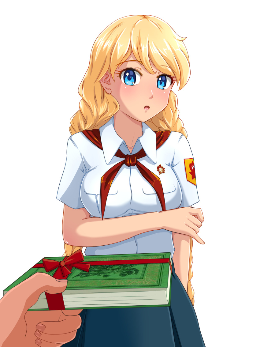 1girl arm_under_breasts bangs blonde_hair blue_eyes blue_skirt book breasts commentary english_commentary everlasting_summer highres huyase jacket large_breasts long_hair open_clothes open_jacket pov pov_hands shirt short_sleeves simple_background skirt slavya-chan solo_focus white_background white_shirt wing_collar