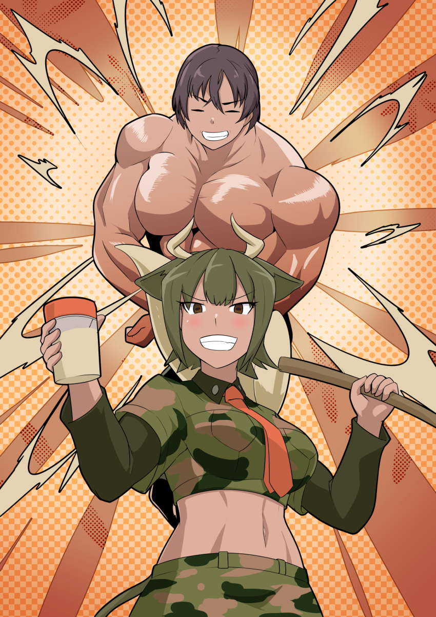 1boy 1girl abs animal_ears aurochs_(kemono_friends) bangs behind_another biceps breast_pocket brown_eyes brown_hair camouflage camouflage_shirt camouflage_skirt captain_(kemono_friends) closed_eyes collared_shirt commentary_request cow_ears cow_girl cow_horns cow_tail cup dark-skinned_female dark_skin dotted_background dumbbell_nan_kilo_moteru? empty_eyes eyebrows_visible_through_hair facing_viewer flexing green_hair grin hair_between_eyes highres holding holding_cup holding_weapon horizontal_pupils horn_lance horns kawanami_eito kemono_friends kemono_friends_3 large_pectorals layered_sleeves light_blush linea_alba long_sleeves looking_at_viewer midriff muscular muscular_male navel necktie parody parted_bangs pectorals pocket pose red_necktie shiny shiny_skin shirt short_over_long_sleeves short_sleeves skirt smile stomach tail tan teeth toned topless_male v-shaped_eyebrows weapon wing_collar