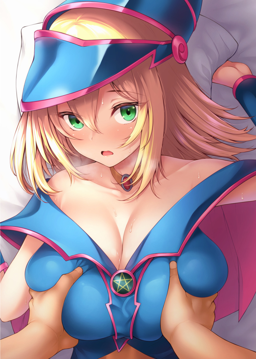 1girl bangs bare_shoulders blonde_hair blue_dress blue_headwear blush breast_grab breasts cleavage collarbone dark_magician_girl dress duel_monster grabbing green_eyes highres jewelry large_breasts long_hair looking_at_viewer lying neck_ring on_back open_mouth pentacle pillow solo_focus sweat uni8 yu-gi-oh! yu-gi-oh!_duel_monsters