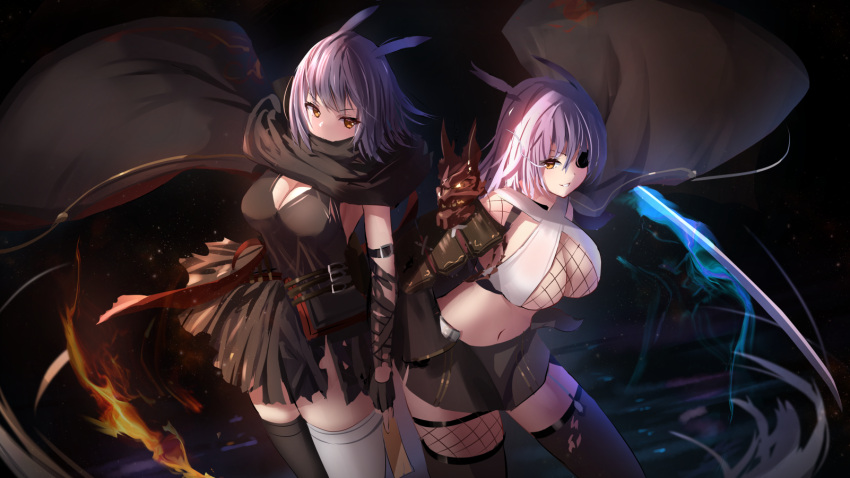 2girls asymmetrical_legwear azur_lane black_dress black_gloves black_legwear black_scarf black_skirt blue_fire breasts center_opening cleavage cowboy_shot criss-cross_halter dress eyepatch fingerless_gloves fire fishnet_legwear fishnet_top fishnets flaming_sword flaming_weapon from_above gloves halterneck highres hiyou_(azur_lane) hiyou_(meta)_(azur_lane) holding holding_sword holding_weapon junyou_(azur_lane) junyou_(meta)_(azur_lane) large_breasts long_hair looking_at_viewer manda_(manda9n) midriff miniskirt mismatched_legwear multiple_girls one_eye_covered oni pink_hair scarf short_dress skirt standing sword thighhighs torn_clothes torn_dress weapon white_legwear yellow_eyes zettai_ryouiki