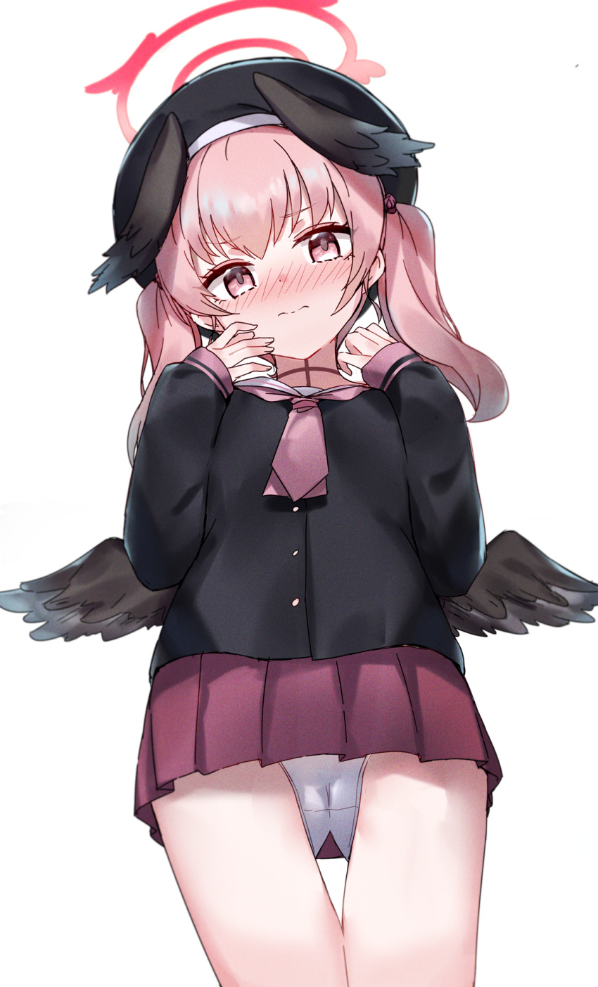 1girl ass_visible_through_thighs bangs beret black_headwear black_shirt black_wings blue_archive blush cameltoe closed_mouth commentary_request eyebrows_visible_through_hair feathered_wings from_below halo hands_up hat head_tilt head_wreath highres koharu_(blue_archive) kure_(kure_ng) long_hair long_sleeves looking_at_viewer looking_down nose_blush panties pink_eyes pink_hair pleated_skirt puffy_long_sleeves puffy_sleeves purple_skirt sailor_collar shirt simple_background skirt sleeves_past_wrists solo thigh_gap underwear wavy_mouth white_background white_panties white_sailor_collar wings