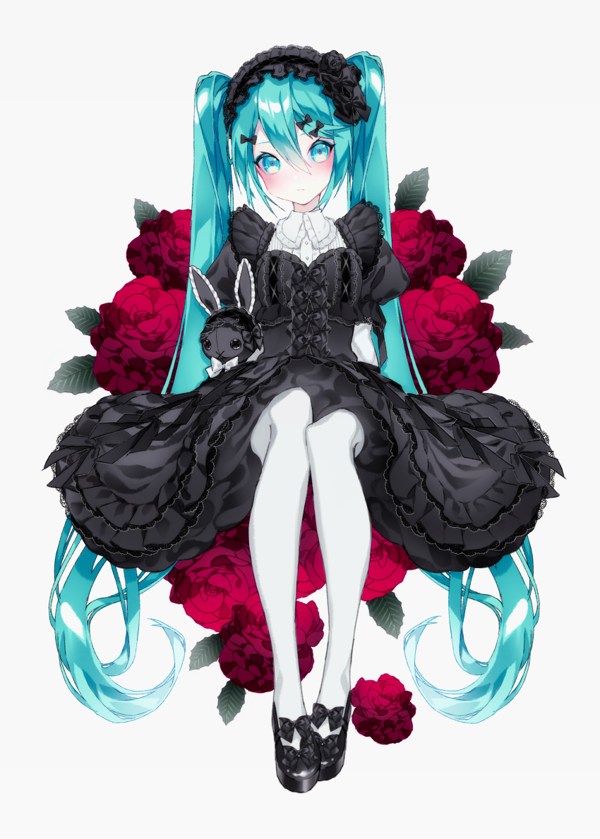 1055 1girl absurdres black_bow black_dress black_footwear black_hairband blue_eyes blue_hair bow commentary dress flower footwear_bow gothic_lolita hair_between_eyes hair_bow hairband hatsune_miku highres invisible_chair leaf lolita_fashion lolita_hairband long_hair pantyhose pink_pupils red_flower shoes sidelocks simple_background sitting solo stuffed_animal stuffed_bunny stuffed_toy twintails very_long_hair vocaloid white_background