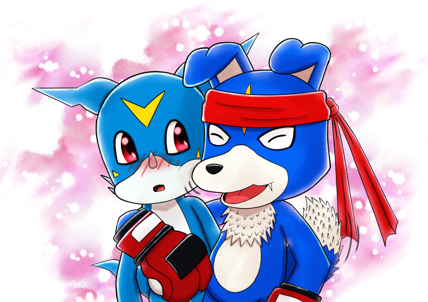 absurd_res accessory anthro arm_around_shoulders bandai_namco blue_body blue_fur blush boxing_gloves canid canine clothing digimon digimon_(species) duo fur gaomon handwear headband hi_res littlevdemagic male male/male mammal red_eyes veemon