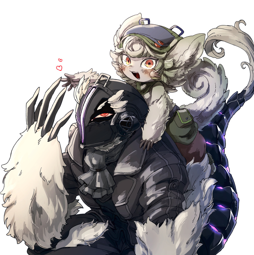 1boy 1girl :3 akamtvahosi animal_ears animal_hands ascot black_jacket black_legwear blue_headwear child claws commentary_request damaged furry glowing_tail green_pants grey_ascot hand_up helm helmet highres jacket looking_at_viewer looking_up made_in_abyss multiple_sources on_person open_clothes open_jacket open_mouth orange_eyes pants pouch prushka_(furry) simple_background smile spoilers squatting tail whiskers white_background white_fur white_tail