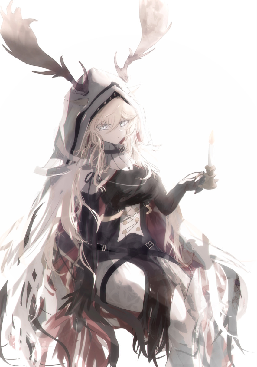 1girl animal_ears antlers_through_headwear arknights armored_boots asymmetrical_gloves backlighting bare_shoulders belt belt_buckle black_dress black_gloves blonde_hair blue_eyes boots breasts buckle candle closed_mouth commentary_request deer_antlers deer_ears deer_girl dress ears_through_headwear elbow_gloves expressionless feet_out_of_frame gloves highres holding holding_candle invisible_chair long_hair looking_at_viewer mebe_(teadia_violet) medium_breasts mismatched_gloves pantyhose partial_commentary partially_fingerless_gloves simple_background sitting sleeveless sleeveless_dress solo thigh_boots thighhighs veil very_long_hair viviana_(arknights) white_background white_legwear