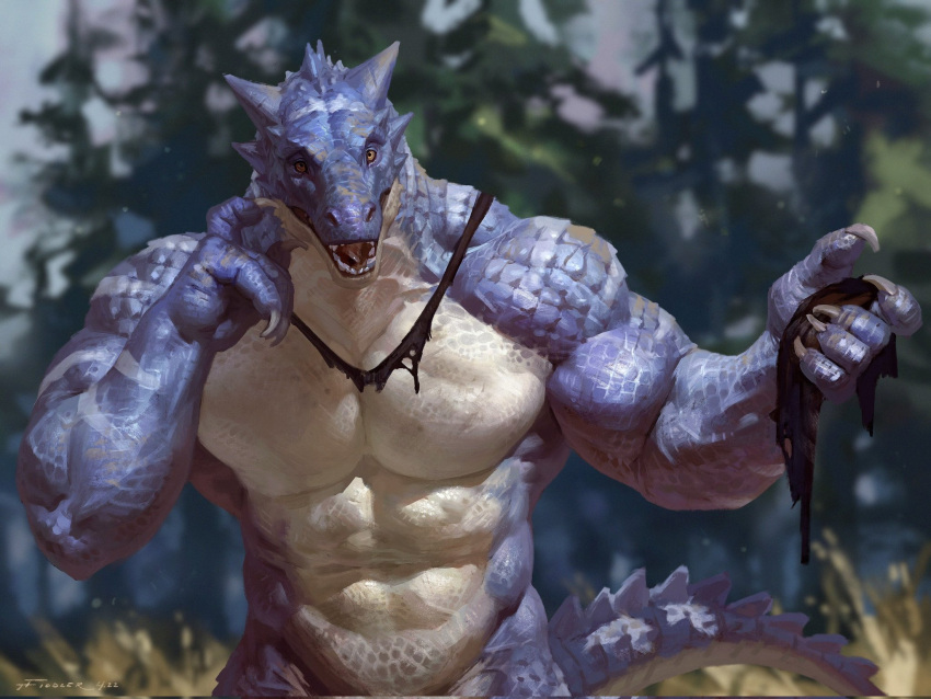 2022 abs anthro biceps big_muscles blurred_background claws clothing day detailed detailed_background dragon forest grass hi_res holding_clothing holding_object horn huge_muscles looking_at_viewer male muscular muscular_anthro muscular_male navel nude obliques open_mouth pecs plant scales scalie shirt signature sky solo standing taran_fiddler teeth tongue topwear torn_clothing torn_shirt torn_topwear tree vein wardrobe_malfunction wingless_dragon