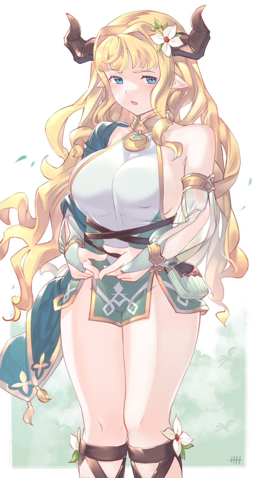 1girl blonde_hair blue_eyes breasts bridal_gauntlets cosplay draph flower granblue_fantasy hair_flower hair_ornament highres hitogata_ningen horns kokkoro_(princess_connect!) kokkoro_(princess_connect!)_(cosplay) large_breasts long_hair pointy_ears razia sideboob thighs twiddling_fingers