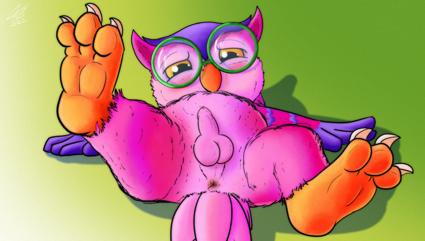 2022 3_toes 4_fingers anthro anus avian balls beak bird blush chubby_male claws digital_media_(artwork) embarrassed erection eyewear fall_guys feathers feet fingers fol foreskin genitals glasses hi_res humanoid_genitalia looking_at_genitalia lying male mediatonic on_back owl penis perineum pink_body pink_feathers presenting purple_body purple_feathers simple_background slightly_chubby soles solo talons toe_claws toes twit_(fall_guys) video_games yellow_sclera