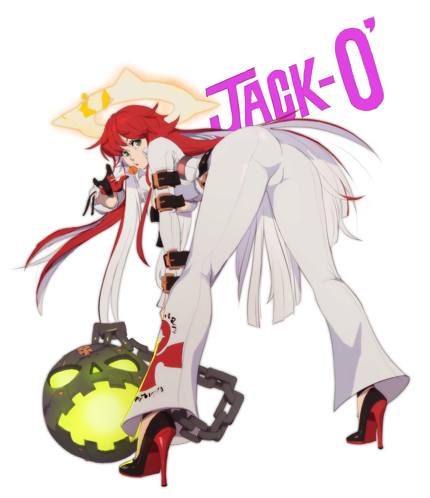1girl absurdres ass ass_focus bangs bell-bottoms belt belt_buckle bent_over big.boss.requiem black_gloves blunt_ends bodysuit breasts buckle candy collared_shirt colored_inner_hair compass_rose_halo food full_body gloves guilty_gear guilty_gear_strive hair_between_eyes halo highres jack-o'_valentine large_breasts lips lollipop long_hair long_sleeves looking_at_viewer multicolored_hair pants plunging_neckline red_hair shiny shiny_clothes shirt skin_tight solo two-tone_hair white_bodysuit white_hair white_pants white_shirt