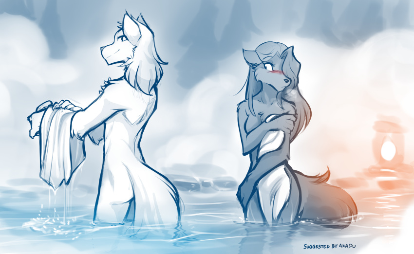 2022 alternate_species anthro bathing blush breasts canid canine canis casual_nudity chest_tuft conditional_dnp covering covering_self duo featureless_breasts female fur furrification hair hair_over_eye hi_res holding_object holding_towel keidran looking_aside male mammal maren_taverndatter monochrome nude one_eye_obstructed partially_submerged restricted_palette sketch smile social_nudity stare sythe_(twokinds) tom_fischbach towel tuft twokinds water webcomic wet wet_body wet_fur wolf