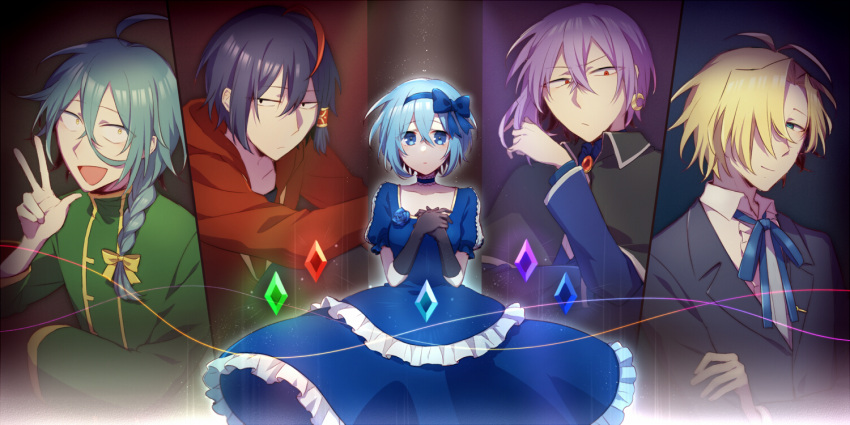 1girl 4boys :d :o ahoge antenna_hair aqua_hair ashe_bradley bangs black_capelet black_eyes black_gloves black_hair blonde_hair blue_bow blue_choker blue_dress blue_eyes blue_gemstone blue_hair blue_hairband blue_jacket blue_ribbon blue_shirt bow bow_hairband braid brooch capelet center_frills choker claire_elford closed_mouth collared_capelet collared_shirt column_lineup cowboy_shot crescent crescent_earrings crossed_bangs dress dress_flower earrings expressionless frilled_choker frilled_dress frills gem gloves green_gemstone green_shirt hair_between_eyes hair_bow hair_over_one_eye hair_tubes hairband hand_up hands_on_own_chest hood hoodie jacket jewelry lapel_pin layered_dress long_hair looking_at_viewer mary_(14476764) multicolored_hair multiple_boys neck_ribbon noel_levine own_hands_together puffy_short_sleeves puffy_sleeves purple_gemstone purple_hair red_eyes red_gemstone red_hair red_hoodie ribbon sanpaku shirt short_hair short_sleeves single_braid single_earring sirius_gibson smile spotlight straight-on streaked_hair string v-shaped_eyebrows w white_shirt wilardo_adler witch's_heart yellow_bow yellow_eyes