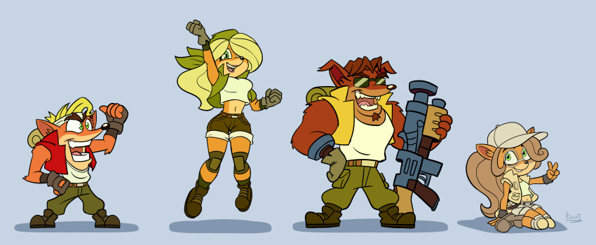 2021 absurd_res activision anthro breasts clothing coco_bandicoot cosplay crash_bandicoot crash_bandicoot_(series) crossover crossover_cosplay crunch_bandicoot eyewear female footwear glasses gloves green_eyes group gun hair handwear hi_res kevintrentin long_hair male mammal marsupial metal_slug open_mouth ranged_weapon signature simple_background sunglasses tawna_bandicoot teeth video_games weapon