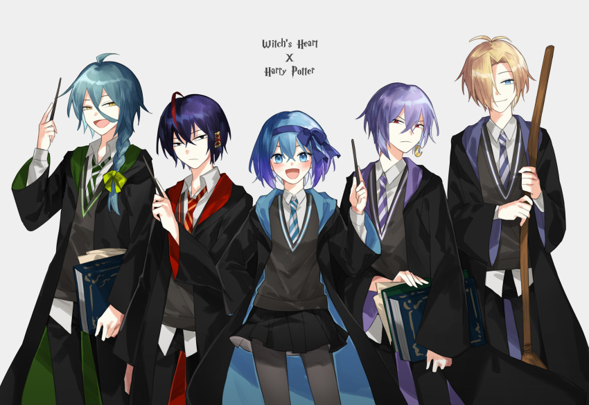 1girl 4boys :d absurdres ahoge alternate_costume antenna_hair aqua_hair ashe_bradley bamu_(bamu0504) bangs black_cloak black_eyes black_pants black_skirt blonde_hair blue_bow blue_eyes blue_hair blue_hairband blush book bow bow_hairband braid broom claire_elford cloak closed_mouth collared_shirt commentary copyright_name cowboy_shot crescent crescent_earrings crossed_bangs earrings english_text expressionless gradient_hair green_bow grey_legwear grey_sweater_vest hair_between_eyes hair_bow hair_over_one_eye hair_tubes hairband harry_potter_(series) highres hogwarts_school_uniform holding holding_book holding_broom holding_wand hood hooded_cloak jewelry lineup long_hair looking_at_viewer multicolored_hair multiple_boys necktie noel_levine pants pantyhose purple_hair red_eyes red_hair school_uniform shirt short_hair single_braid single_earring sirius_gibson skirt smile straight-on streaked_hair striped_necktie sweater_vest two-sided_fabric untucked_shirt v-shaped_eyebrows wand white_background white_shirt wilardo_adler witch's_heart yellow_eyes