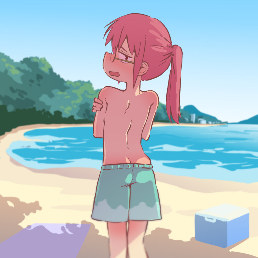 1girl aqua_shorts ass back bangs bare_shoulders beach blurry blush building butt_crack commentary cooler covering covering_breasts crossed_arms day depth_of_field feet_out_of_frame foliage glasses hair_between_eyes highres kobayashi-san_chi_no_maidragon kobayashi_(maidragon) long_hair male_swimwear male_swimwear_challenge mixed-language_commentary ocean open_mouth orange_peel_(artist) ponytail print_shorts profile red_hair rimless_eyewear sand shorts sidelocks sideways_mouth skindentation sky solo standing swim_trunks towel wavy_mouth