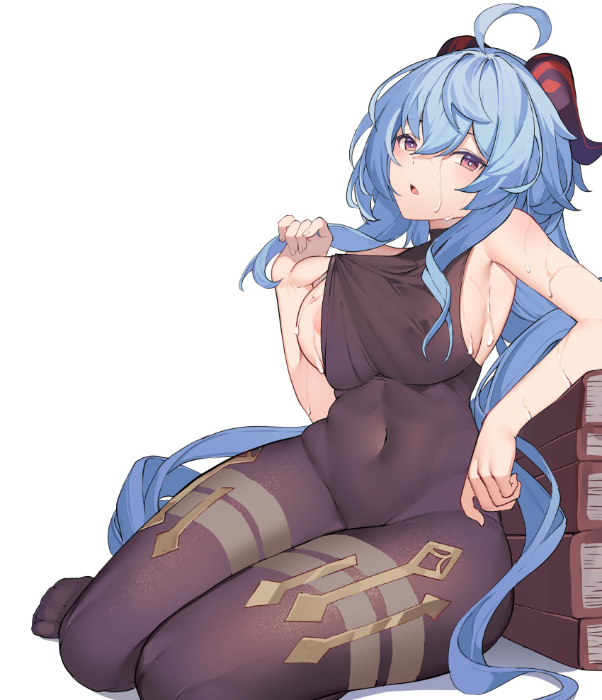 1girl ahoge areola_slip areolae bangs blue_hair blush bodysuit book breasts covered_navel full_body ganyu_(genshin_impact) genshin_impact goat_horns highres horns large_breasts long_hair looking_at_viewer parted_lips purple_eyes sideboob simple_background sitting thighs vierzeck white_background