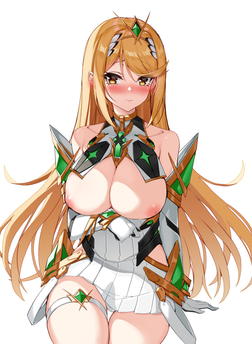 1girl absurdres arm_under_breasts bare_shoulders blonde_hair blush breasts circlet cleavage closed_mouth dress elbow_gloves gloves highres inverted_nipples invisible_chair large_breasts leg_strap looking_at_viewer mythra_(xenoblade) panties sitting sleeveless sleeveless_dress solo thighs underwear white_background white_dress white_gloves white_panties xenoblade_chronicles_(series) xenoblade_chronicles_2 yellow_eyes yuxian_youka