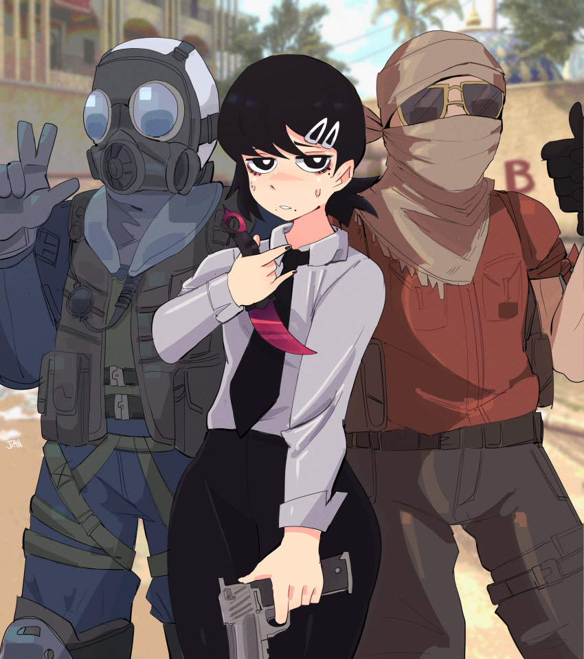 1girl 2boys absurdres bandana bandana_over_mouth black_eyes black_gloves black_hair black_necktie blue_jacket blue_pants brown_bandana brown_pants chainsaw_man counter_strike:_global_offensive gas_mask gloves grey_vest gun hair_ornament hairclip handgun higashiyama_kobeni highres holding holding_gun holding_knife holding_weapon jacket jiansketch knife long_sleeves mask mole mole_under_eye multiple_boys necktie pants red_shirt shirt short_ponytail short_sleeves sunglasses thumbs_up vest weapon white_shirt