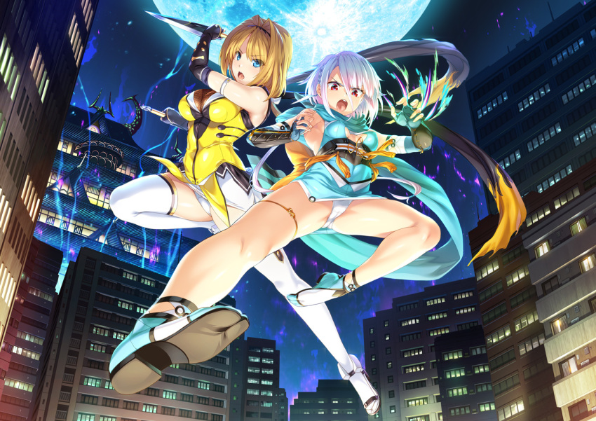 2girls black_gloves building choukou_sennin_haruka escalation_heroines gin_(ginshari) gloves moon multiple_girls night night_sky official_art onigirikun panties short_hair sky takamori_haruka thighhighs underwear white_legwear white_panties