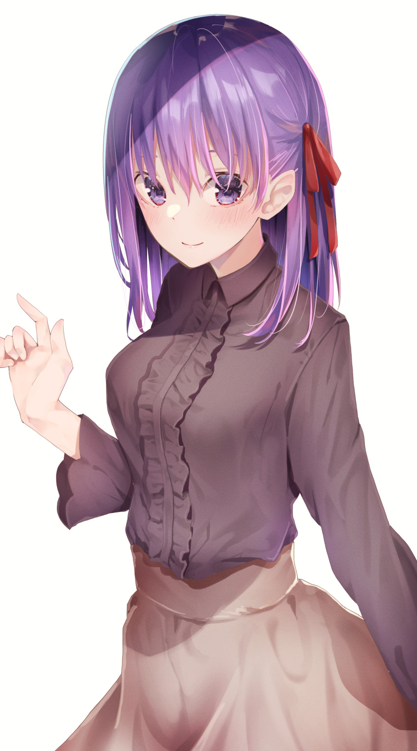 1girl absurdres bangs blouse blush braid brown_shirt collared_shirt fate/stay_night fate_(series) hair_ribbon highres long_hair long_sleeves looking_at_viewer matou_sakura purple_hair red_ribbon ribbon shirt simple_background skirt smile solo white_background yellow_skirt yuunamida_uyu