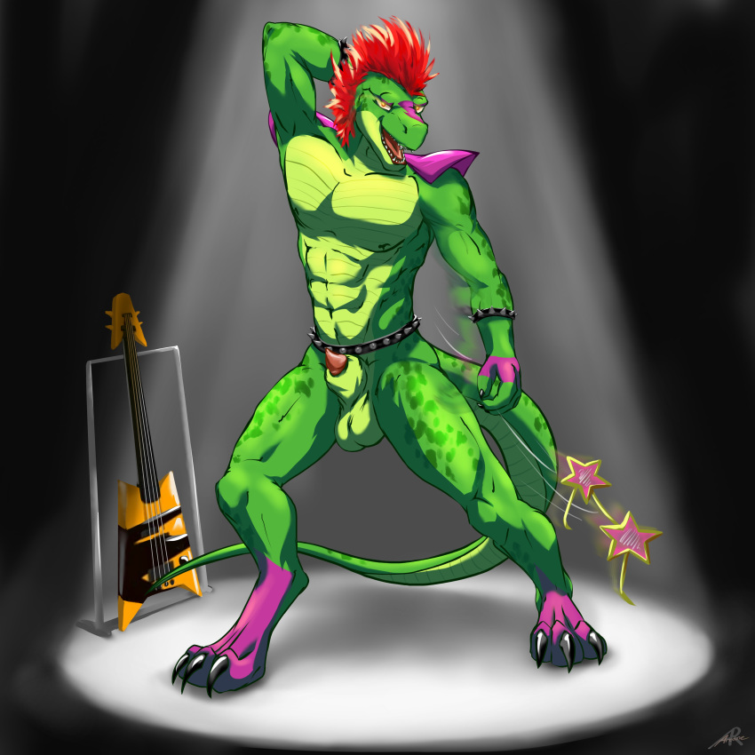 abs absurd_res animal_genitalia anthro arcwolfdragon athletic balls big_balls big_muscles claws eyewear five_nights_at_freddy's five_nights_at_freddy's:_security_breach genitals green_body guitar hair hi_res invalid_tag looking_at_viewer male montgomery_gator_(fnaf) muscular musical_instrument nipples open_mouth pecs penis penis_tip plucked_string_instrument scottgames sheath simple_background smile solo spreading standing string_instrument teeth video_games